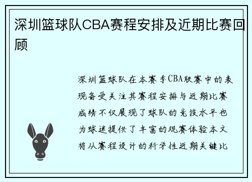 深圳篮球队CBA赛程安排及近期比赛回顾
