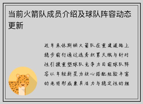 当前火箭队成员介绍及球队阵容动态更新